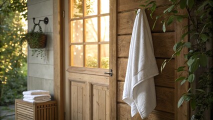 Rustic outdoor shower setting featuring a white towel hanging on a wooden wall, with neatly stacked towels and a glimpse of lush greenery, evoking a sense of natural tranquility and relaxation.
