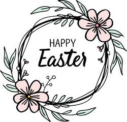 Beautiful vintage poster with flowers and leaves. Spring pink wreath of flowers. Wreath Happy Easter.