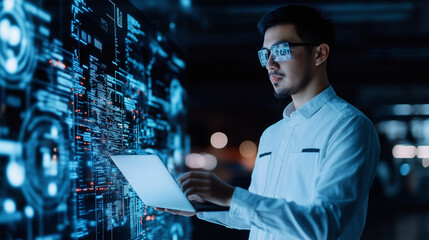 A leader in a corporate cyber-center, using augmented reality and a laptop to ensure real-time global maintenance. AI-driven analytics optimize system performance. Global maintenan