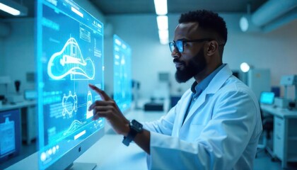 Innovative scientist interacting with holographic screen at the laboratory
