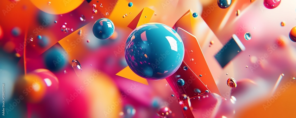 Poster a 3d abstract composition featuring geometrical forms like triangles, circles, and squares, in a flu
