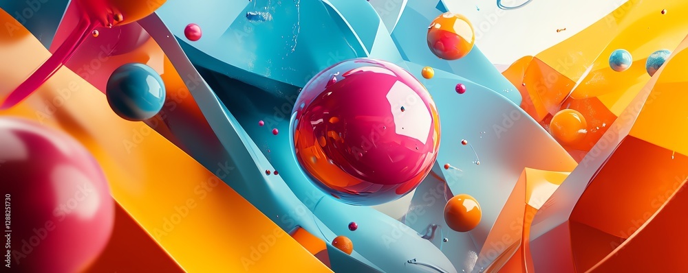 Poster A 3D abstract composition featuring geometrical forms like triangles, circles, and squares, in a fluid, colorful digital space, blending vibrant tones and sharp angles