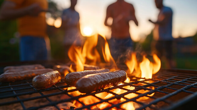 A vibrant South African braai gathering, where boerewors sizzles on the hot grill. The fire crackles as guests enjoy the smoky aroma of the outdoor feast. Summertime cookout scene.