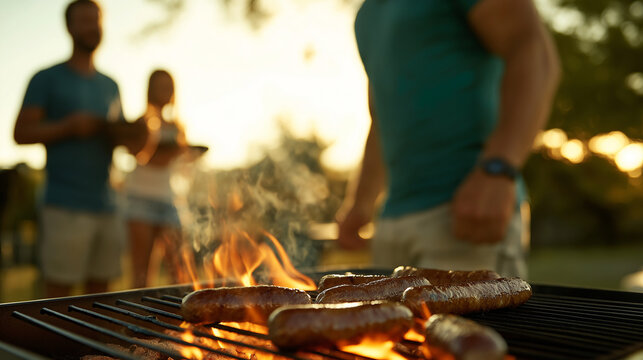 A vibrant South African braai gathering, where boerewors sizzles on the hot grill. The fire crackles as guests enjoy the smoky aroma of the outdoor feast. Summertime cookout scene.