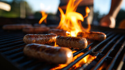 Traditional South African braai in full swing, with succulent boerewors curling on the hot grill. Flames flicker, and the scent of seasoned meat fills the air. Summertime cookout s