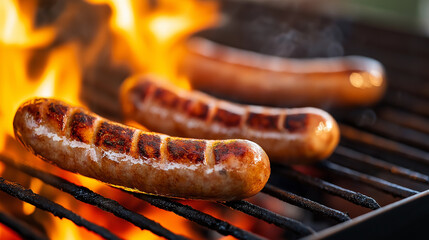 Thick boerewors sausages, slightly charred, rest on a braai grill, their juices sizzling over smoldering wood. The fire glows warmly beneath, completing the ultimate outdoor experi