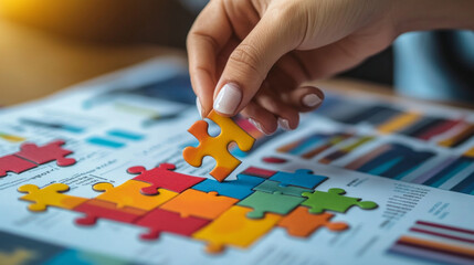 Fototapeta premium Placing the final puzzle piece into a financial success chart highlighting analysis and achievement