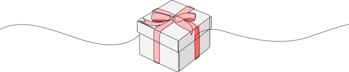 Gift box continuous line drawing. One line present with ribbon bow. Vector isolated on white.