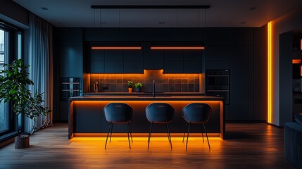 Modern kitchen with orange accents. Interior design shows contemporary bar stools and built-in appliances