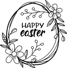 Vector Easter Lettering and floral wreath for holiday/ spring greeting card, invitation, logo, icon, poster, banner. Modern ink style typography