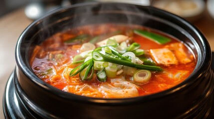 Authentic Korean Hot Pot with Fresh Vegetables and Steaming Broth