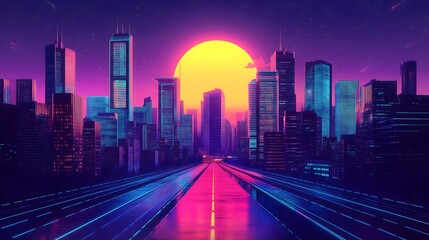 Fototapeta premium Retrowave illustration of a neon colored cityscape