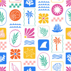 Summer tropical patchwork seamless pattern with palm leaves, flowers, shells, waves and sun. Vector jungle checkered background. Fabric textile print. Surface cover design.