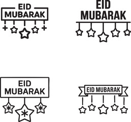 Elegant Black and White Eid Mubarak Icon Design with Hanging Sparkling Stars in a Minimalist Monochrome Style