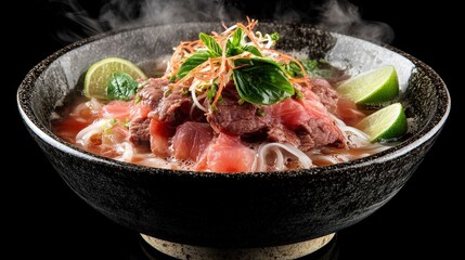 Delicate Beef Soup with Fresh Herbs and Lime Slices in Bowl