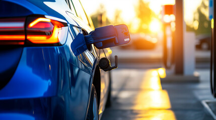 A blue sedan parked at a gas station, its driver refueling with diesel fuel. The sun reflects off the carâs polished surface as the fueling process ensures peak performance. Effici