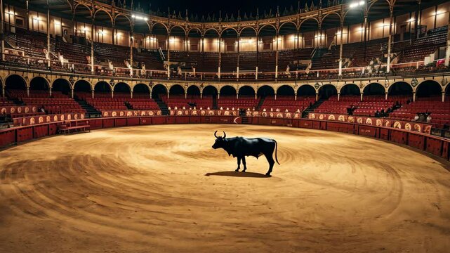 Spanish bullfighting event takes place in a grand arena at night with an empty seating area and a lone bull in the center of the sandy ring