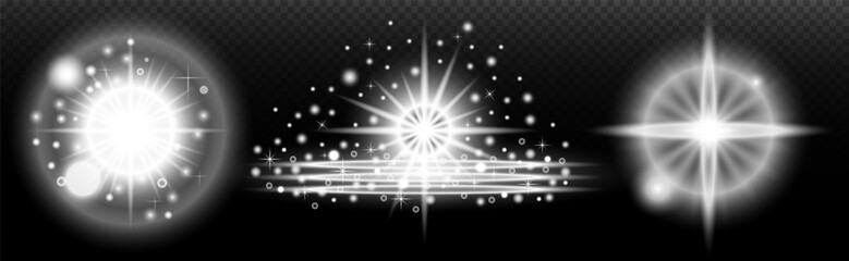 Light white effect: isolated flare, tire explosion, dust line, sun flare, star spark, sunlight, vector set	
