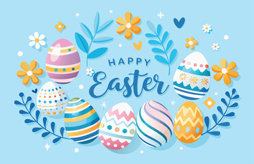 Easter holiday, hare with a basket of Easter eggs, Easter bunny and eggs. Vector illustration