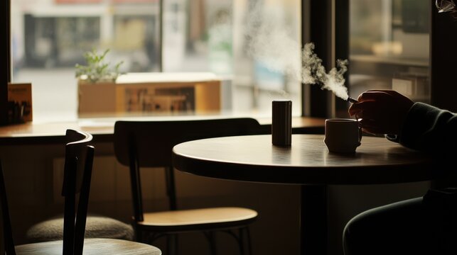 A person using a vaping device while seated at a café table. Featuring relaxation and modern lifestyle