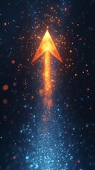 Naklejka premium Illuminated orange arrow surrounded by shimmering particles in dark space, futuristic and digital art concept