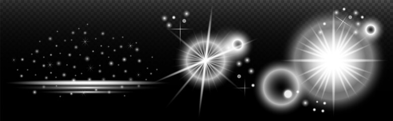 Light white effect: isolated flare, tire explosion, dust line, sun flare, star spark, sunlight, vector set	
