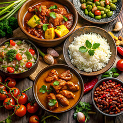 Assorted Indian dishes with rice, spicy curry, lentils and vegetables / Platos indios variados con arroz, curry picante, lentejas y vegetales