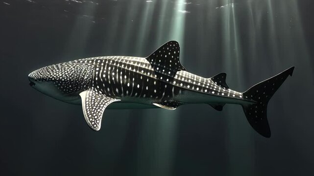 A majestic whale shark gliding gracefully through deep ocean waters under soft beams of sunlight, showcasing its unique spotted patterns during a serene underwater exploration