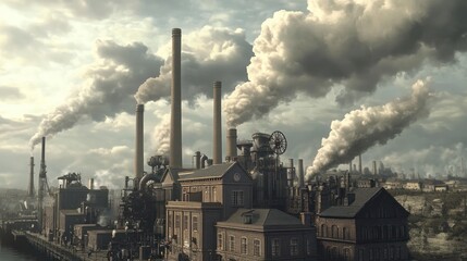 Fototapeta premium Industrial factory complex, smoky emissions, overcast sky, waterfront location