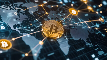 Wide-angle view of a world map with cryptocurrency networks and blockchain connections illustrated across regions