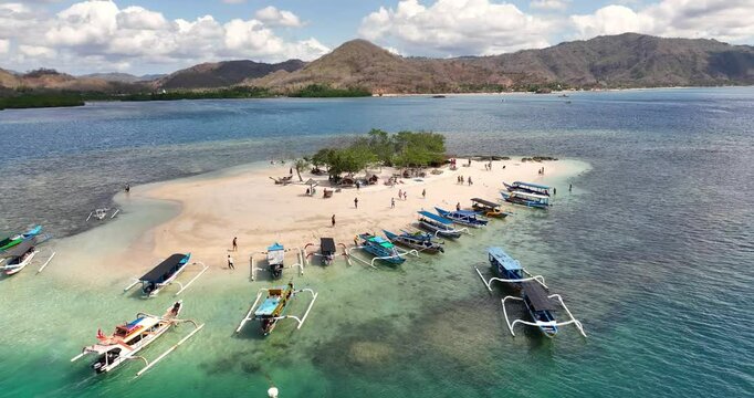 Aerial View of Sandbar Island with Boats in Lombok, Indonesia