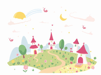 Cute and Magical Fantasy Land Vector Illustration