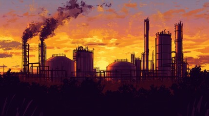 Fototapeta premium Sunset industrial plant pollution landscape illustration