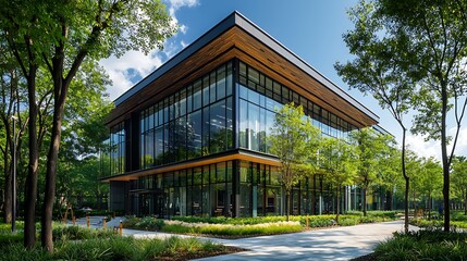 Fototapeta premium Modern office building exterior in landscaped park setting
