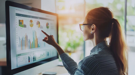 Executive analyzing company performance metrics on a digital screen in a modern office environment