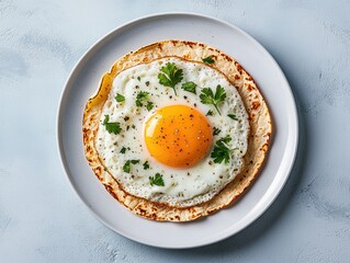 A fried egg on a tortilla, garnished with herbs, served on a simple plate against a light background.