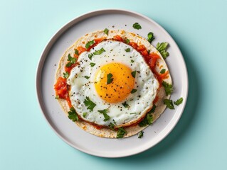 A delicious egg on a tortilla, topped with fresh herbs and tomato sauce, served on a light blue background.