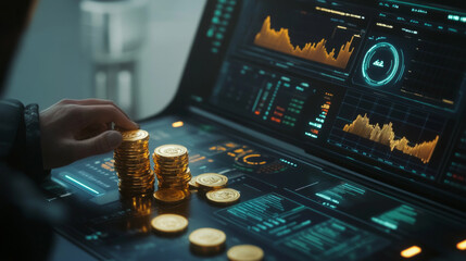 Investor stacks gold coins next to advanced stock analysis dashboard in modern workspace