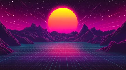 A mountainous landscape in a neon colored synthwave vaporwave 80s style