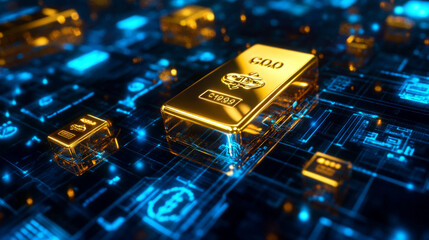 High-tech environment displays floating digital gold bars and currency symbols in a futuristic setting