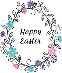 Easter egg decorative frame made of branches with flowers. Happy easter concept.