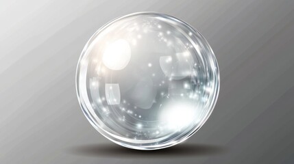 A shiny, transparent sphere with inner light and sparkle on a gray background.