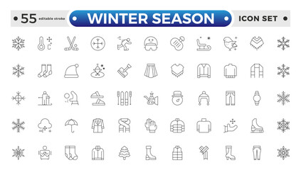 Winter season outline icon collections. Containing Spring, Hail, Humidity, Fall, Fog, Winter, Snow, Wind, Rainy, and Seasons icons. Editable stroke outline icon. 
