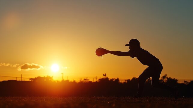 Silhouette of a baseball player catching at sunset, golden hour scene
