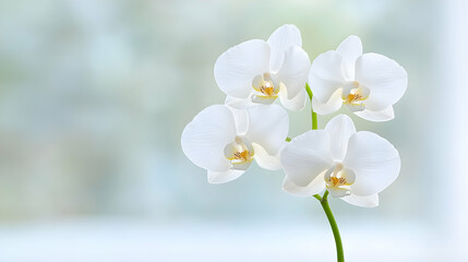 White orchids bloom near window, serene background
