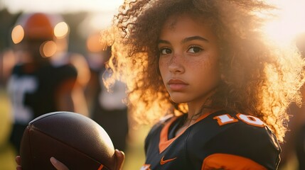 Close-up portrait of a young female football player with determined expression