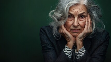 Portrait of an elderly woman with silver hair in deep thought