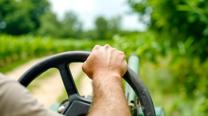 A man driving a tractor in a vineyard