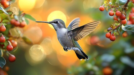 Naklejka premium Close-up of hummingbird in a colorful garden setting