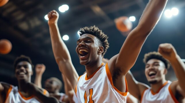 Euphoric basketball team celebrates victory with cheers and raised arms